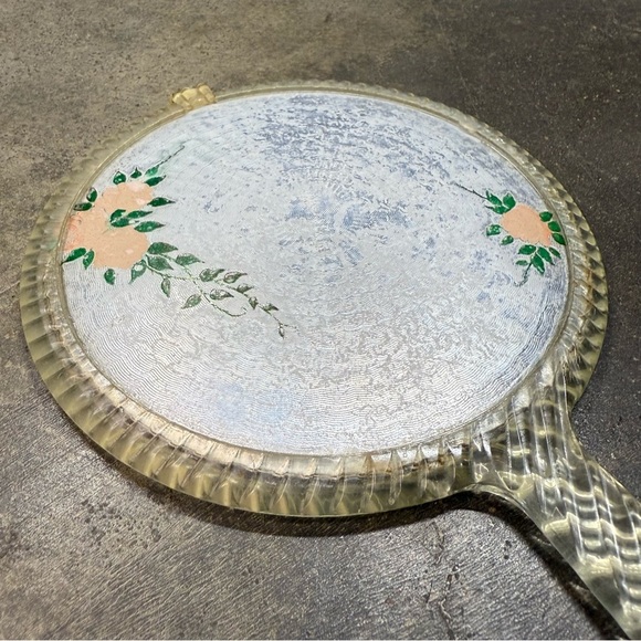 Vintage Hand Mirror Lucite Handle Floral Painted Back Vanity Dressing Table Deco - Picture 2 of 6